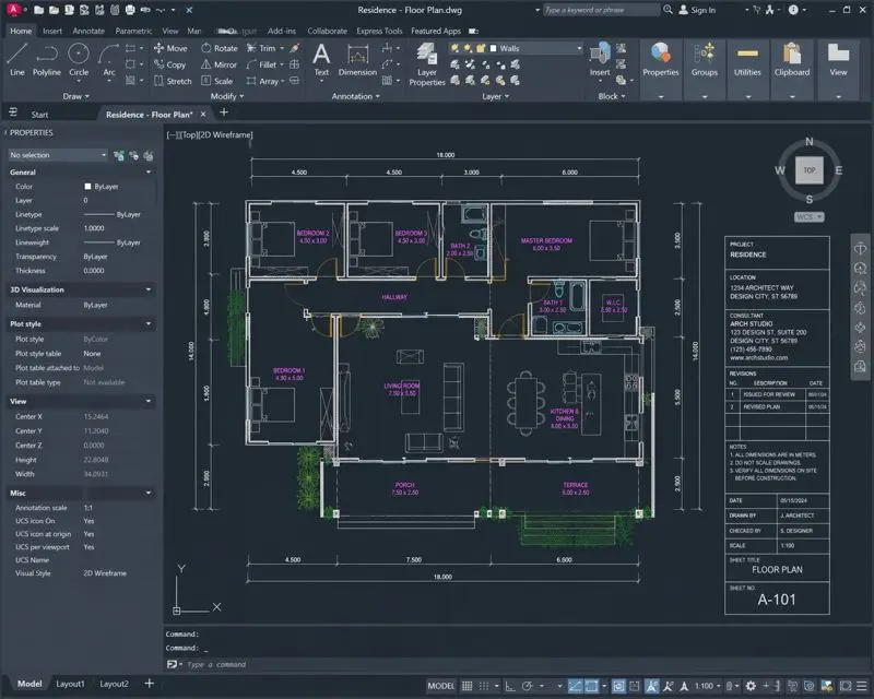 CAD drafting workspace with architectural plans on screen