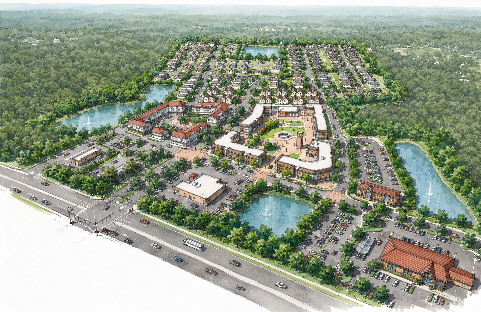 Aerial architectural rendering of a large mixed-use community development featuring residential neighborhoods, commercial buildings, landscaped plazas, parking lots, tree-lined streets, and multiple lakes surrounded by dense greenery.
