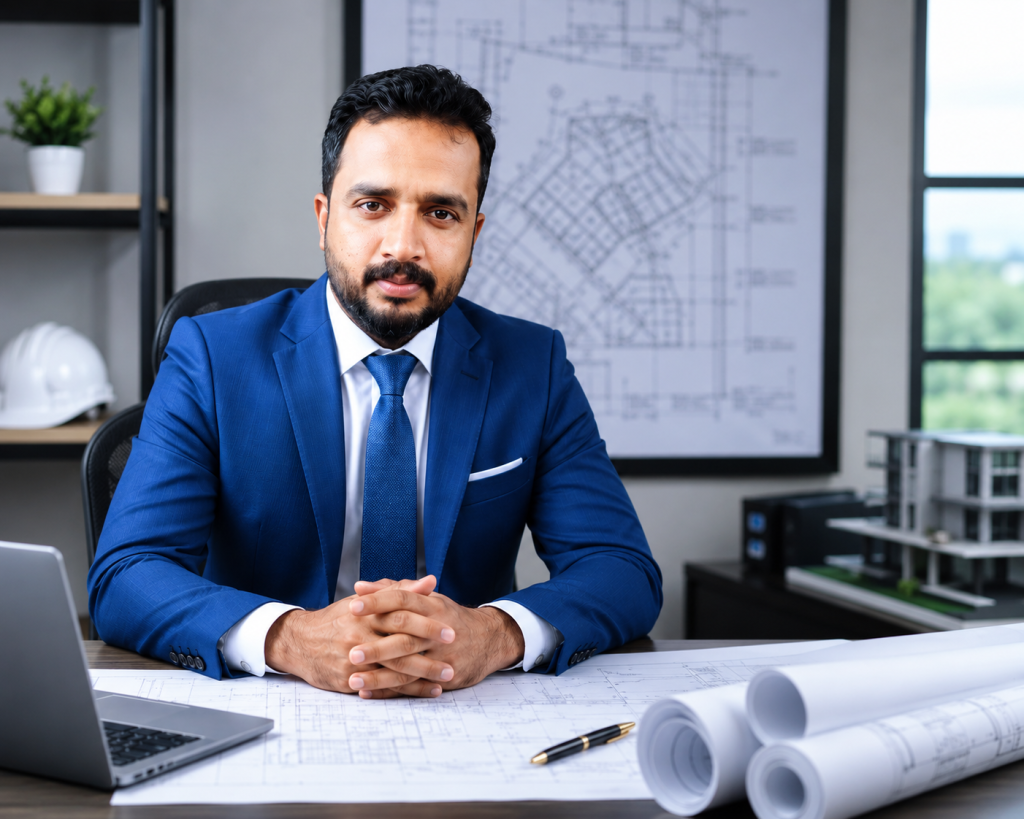 Architectural consultant reviewing building plans and blueprints in an office, showcasing professional architecture and design services.