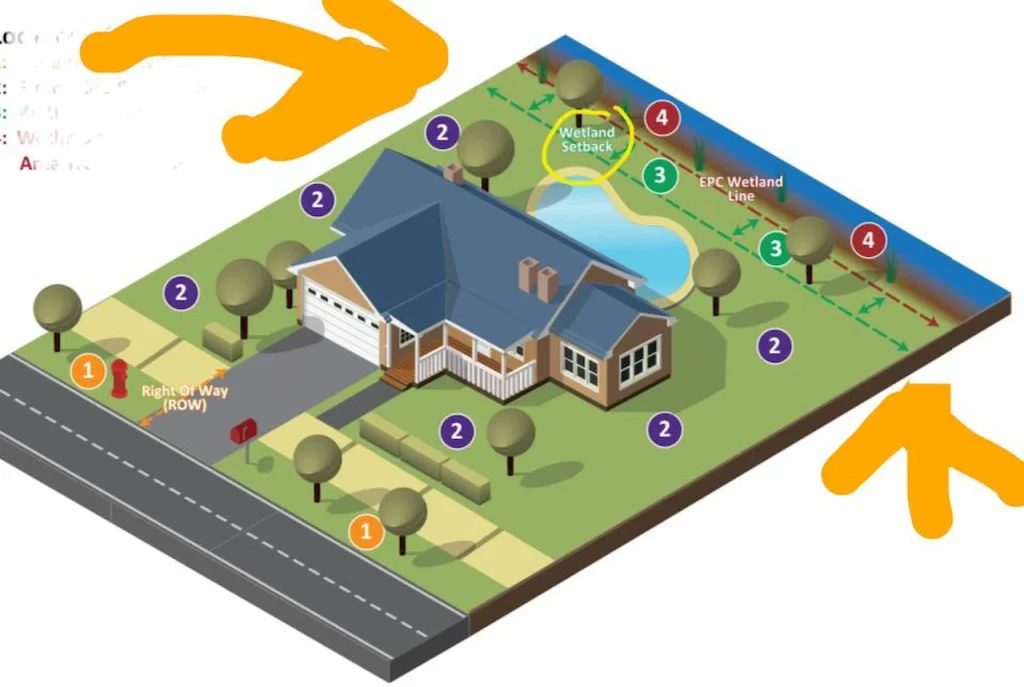 Residential property site diagram showing wetland setback zones, right-of-way boundaries, and environmental land planning regulations.