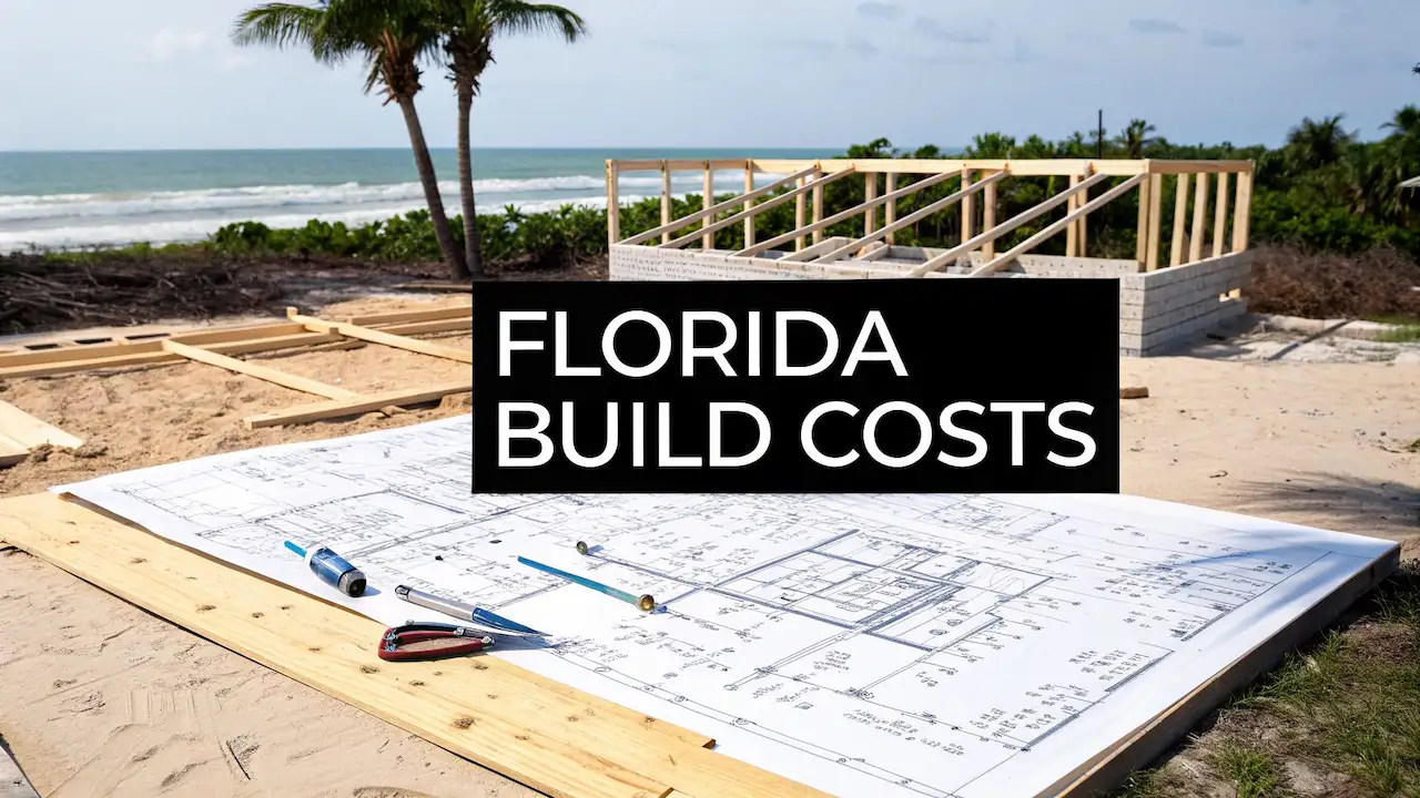 Florida coastal home construction site with architectural blueprints, framing structure, and residential building cost planning.
