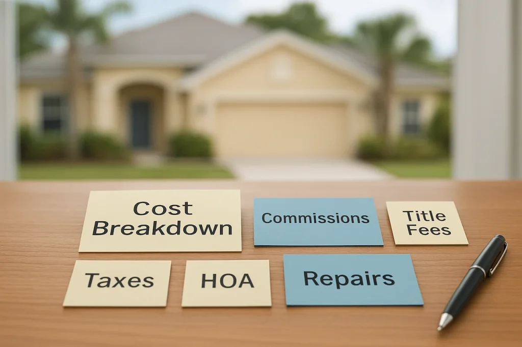 Homeownership cost breakdown showing taxes, HOA fees, repairs, commissions, and title fees in front of a residential house.
