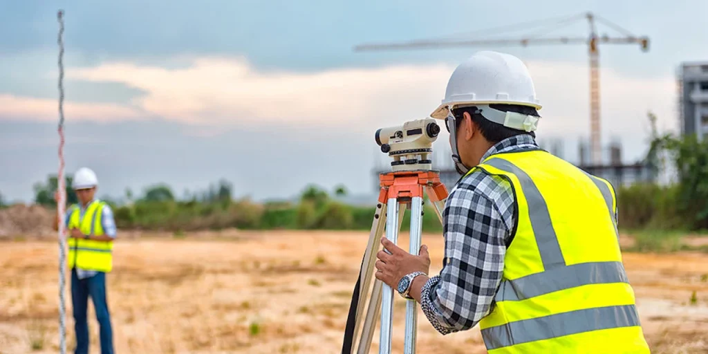 Land surveyor using leveling equipment at a construction site for property measurement and site planning.
