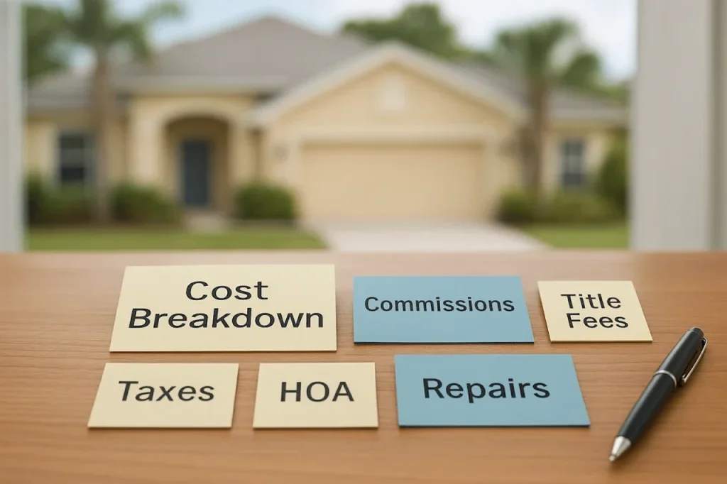 Homeownership cost breakdown showing taxes, HOA fees, repairs, commissions, and title fees in front of a residential house.