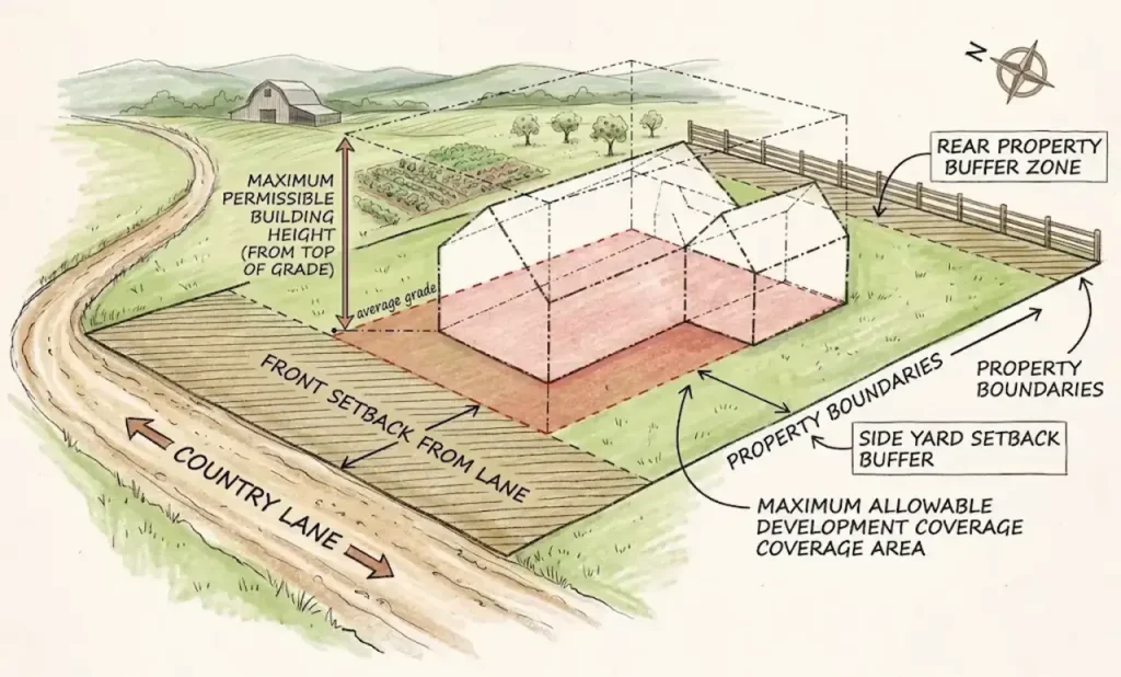 Illustrated residential site plan diagram showing a building footprint within property boundaries, with labeled zoning constraints including front setback from lane, side yard setback buffer, rear property buffer zone, and maximum building height and coverage limits, demonstrating typical Miami-Dade site plan requirements for residential development and permitting review.