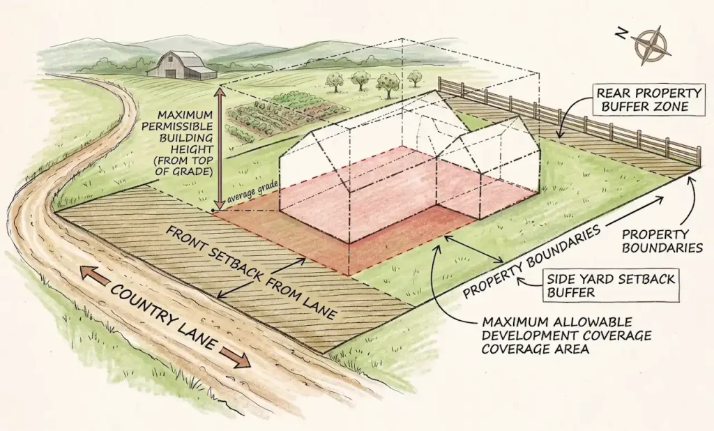 Illustration of residential zoning regulations showing property setbacks, building height limits, and land development boundaries.