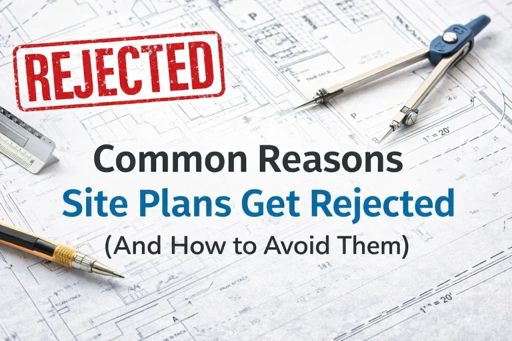 Rejected site plan blueprint with architectural drafting tools and construction planning documents.