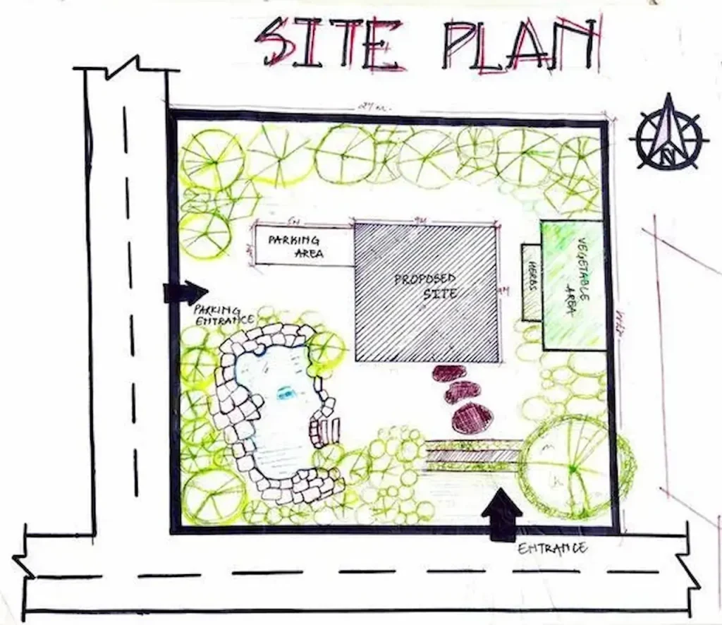 Hand-drawn residential site plan with landscaping, parking area, proposed building site, and property entrance layout.