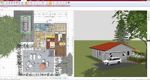 Residential house design showing detailed floor plan and 3D elevation with red roof, carport, outdoor patio, and landscaped garden layout.