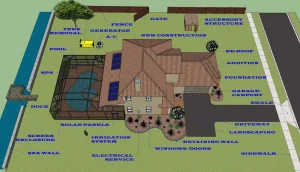 A 3D digital architectural rendering of a residential property layout, detailing various property upgrades and features required for a Florida deck permit site plan, including a pool, dock, sea wall, and solar panels.