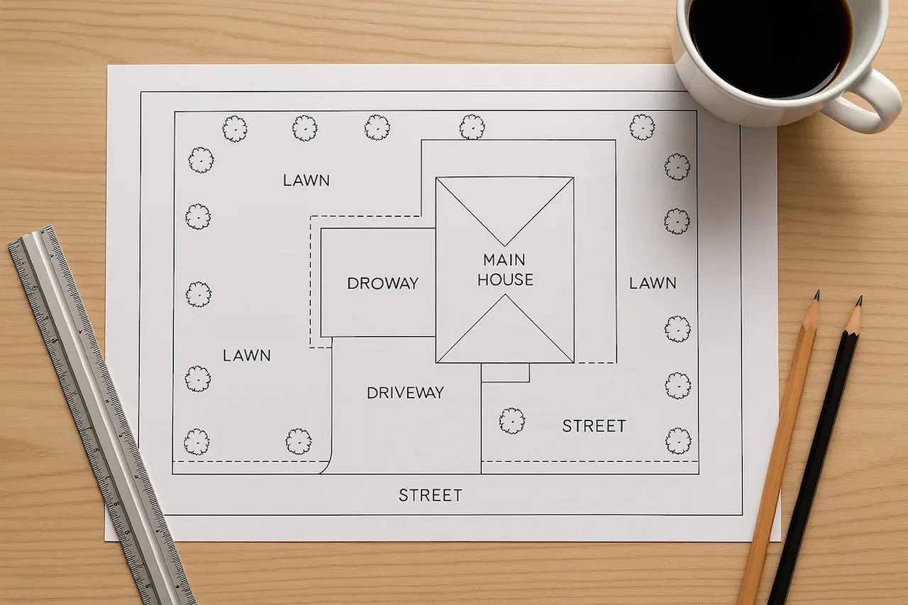 Residential site plan showing property boundaries, house layout, and proposed shed permit location.