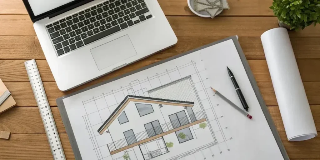 Florida deck permit site plan showing a residential house elevation drawing with architectural measurements, construction layout, and design details used for deck permit applications and property planning.