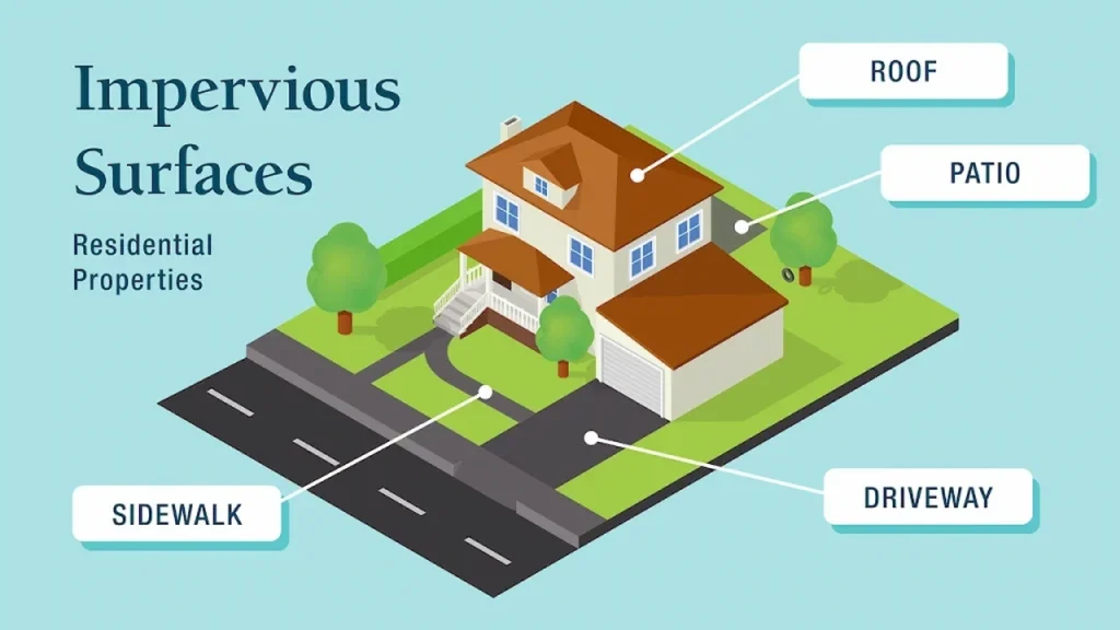 Impervious surfaces on a residential property including roof, driveway, patio, and sidewalk for permit calculations.