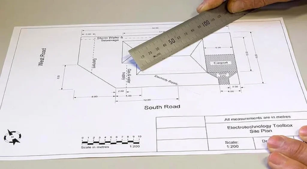 Site plan drawing with labeled scale and measurements for permit approval.