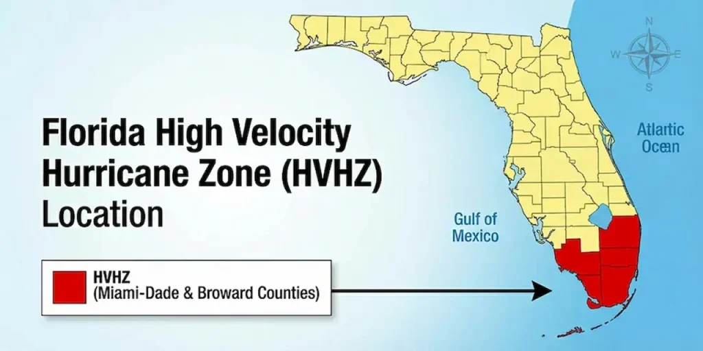 Florida High Velocity Hurricane Zone map showing Broward County and Miami-Dade County HVHZ requirements