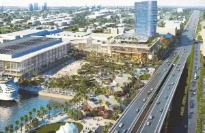 Architectural rendering of a waterfront development meeting Broward County site plan requirements, featuring a convention center by a docked cruise ship, a palm-lined green plaza, and a tall glass hotel tower next to a multi-lane highway.