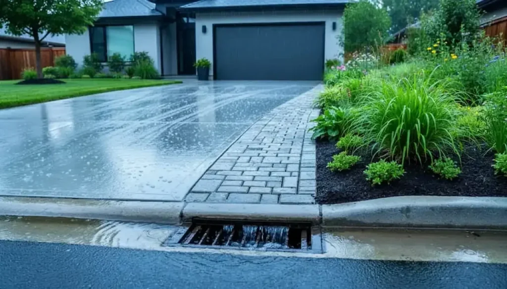 Residential driveway drainage system directing stormwater runoff to a curb inlet in Florida.