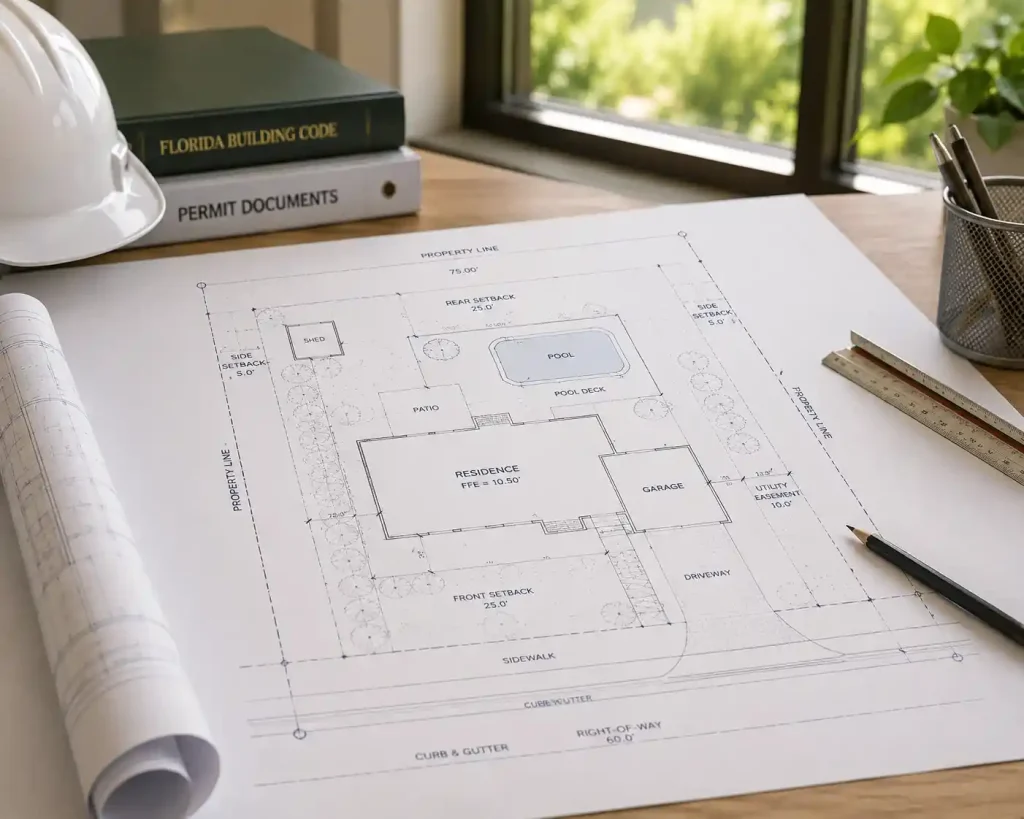 Florida site plan showing residential property layout with building footprint, setbacks, driveway, pool, property lines, utility easement, and permit information