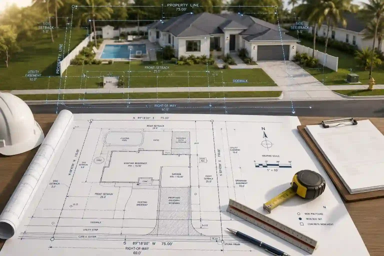 Site plan Florida workspace featuring a permit drawing, architectural drafting tools, and a modern home with blueprint overlay for permit planning.
