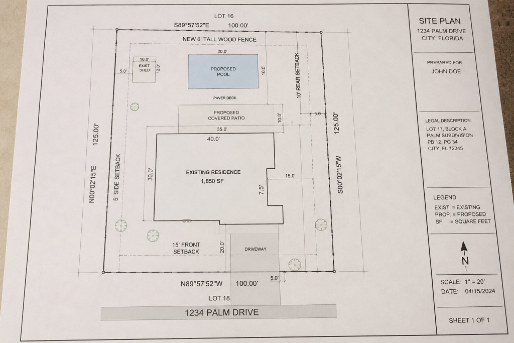 Residential site plan showing property boundaries, existing house, driveway, proposed pool, patio, shed, fence, setbacks, and permit details.