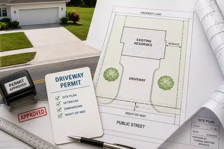 Florida driveway permit site plan illustration showing a modern home, proposed driveway overlay, property boundaries, setbacks, sidewalk, and roadway for municipal permit review.