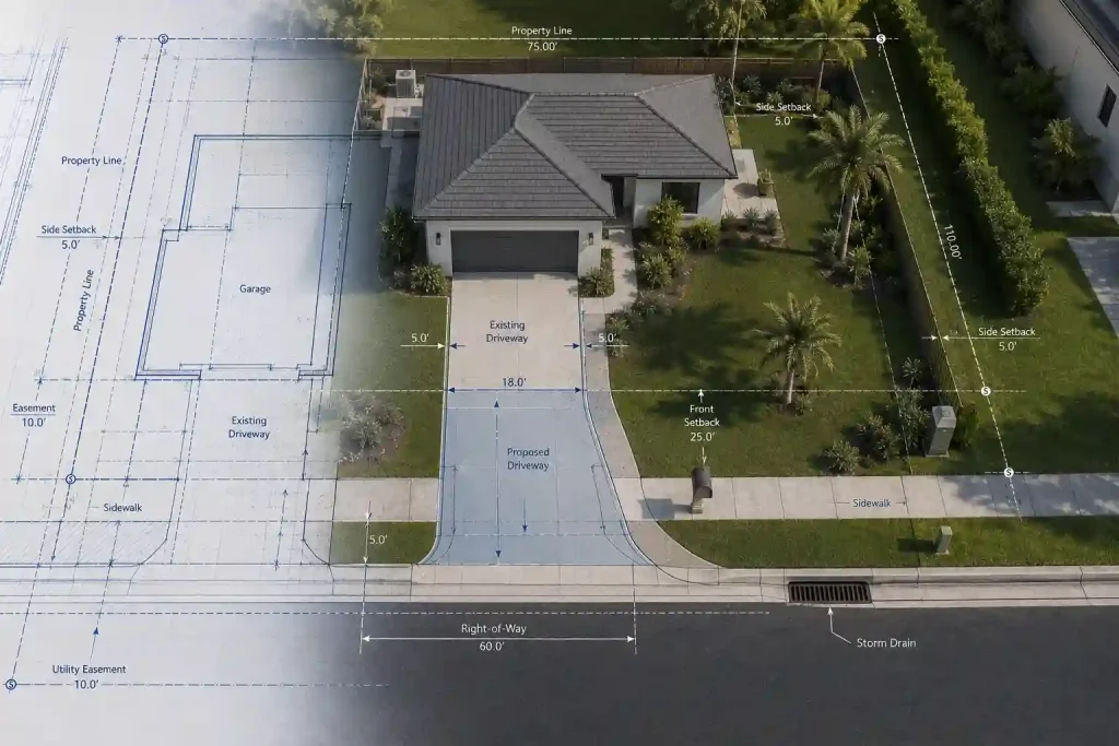 Driveway permit site plan showing a Florida home with proposed driveway overlay, property boundaries, setbacks, easement, sidewalk, roadway, and utility features.