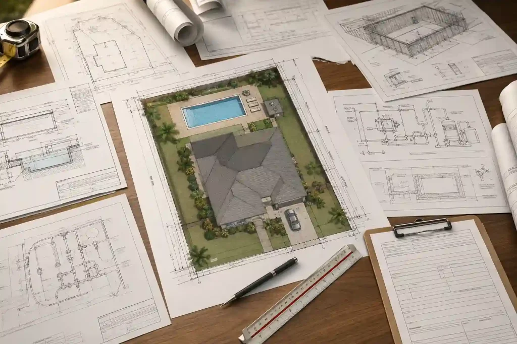 Florida pool permit site plan with supporting permit documents and construction drawings