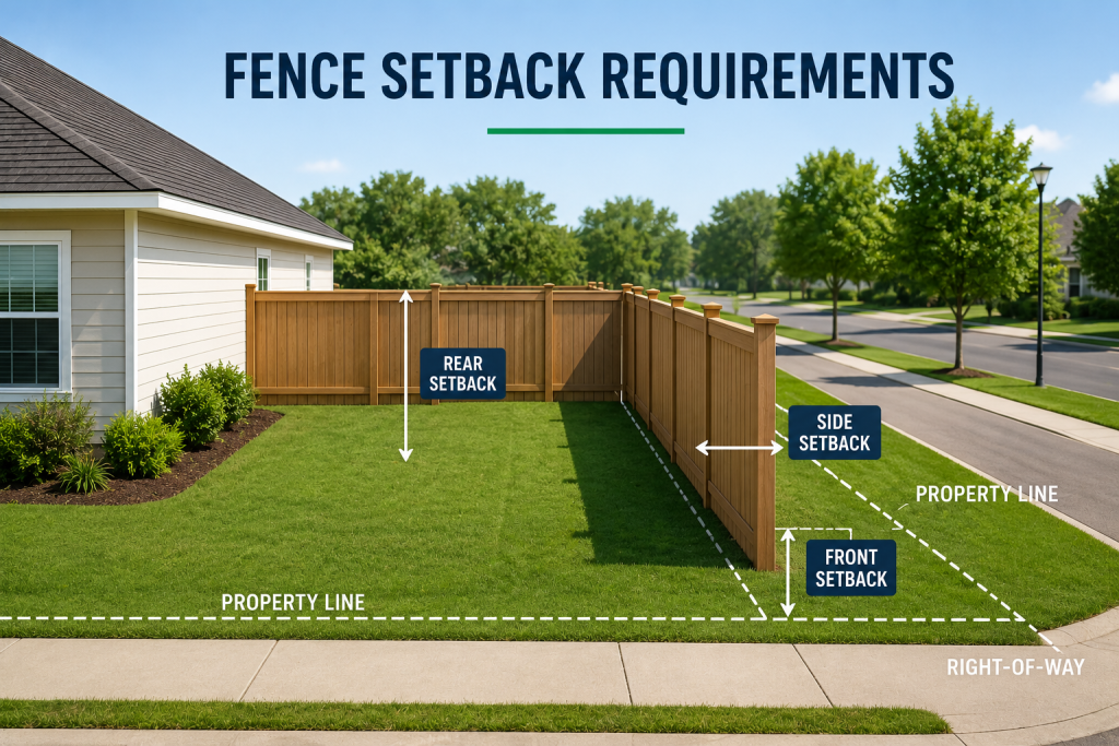Residential fence setback requirements showing front, side, and rear property line clearances in Florida