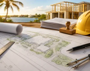 Florida site plan documents with residential construction plans, drafting tools, and permit paperwork illustrating Florida site plan requirements for building permit approval.