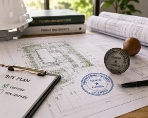 PE-stamped and non-certified Florida site plan documents with engineer seal, permit checklist, and architectural drawings for building permit approval.