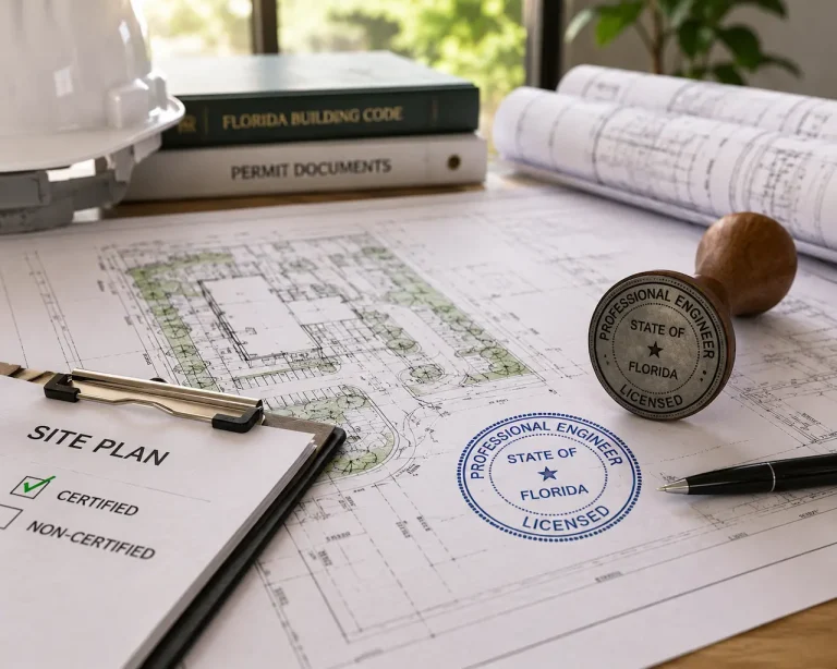 PE-stamped and non-certified Florida site plan documents with engineer seal, permit checklist, and architectural drawings for building permit approval.
