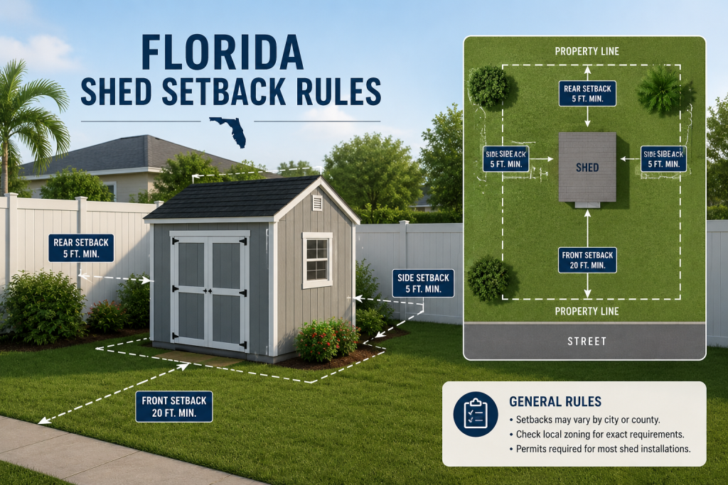 Florida shed setback rules showing required front, side, and rear setbacks for a residential shed