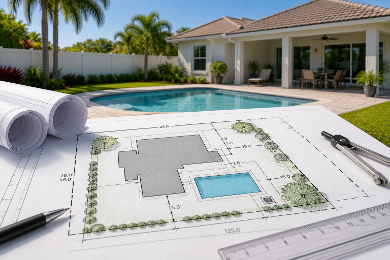 Pool permit site plan Florida showing a residential property with a proposed swimming pool, property lines, setbacks, and equipment layout.