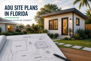 ADU site plan Florida showing a residential property with a proposed accessory dwelling unit, property lines, setbacks, driveway, and existing home.