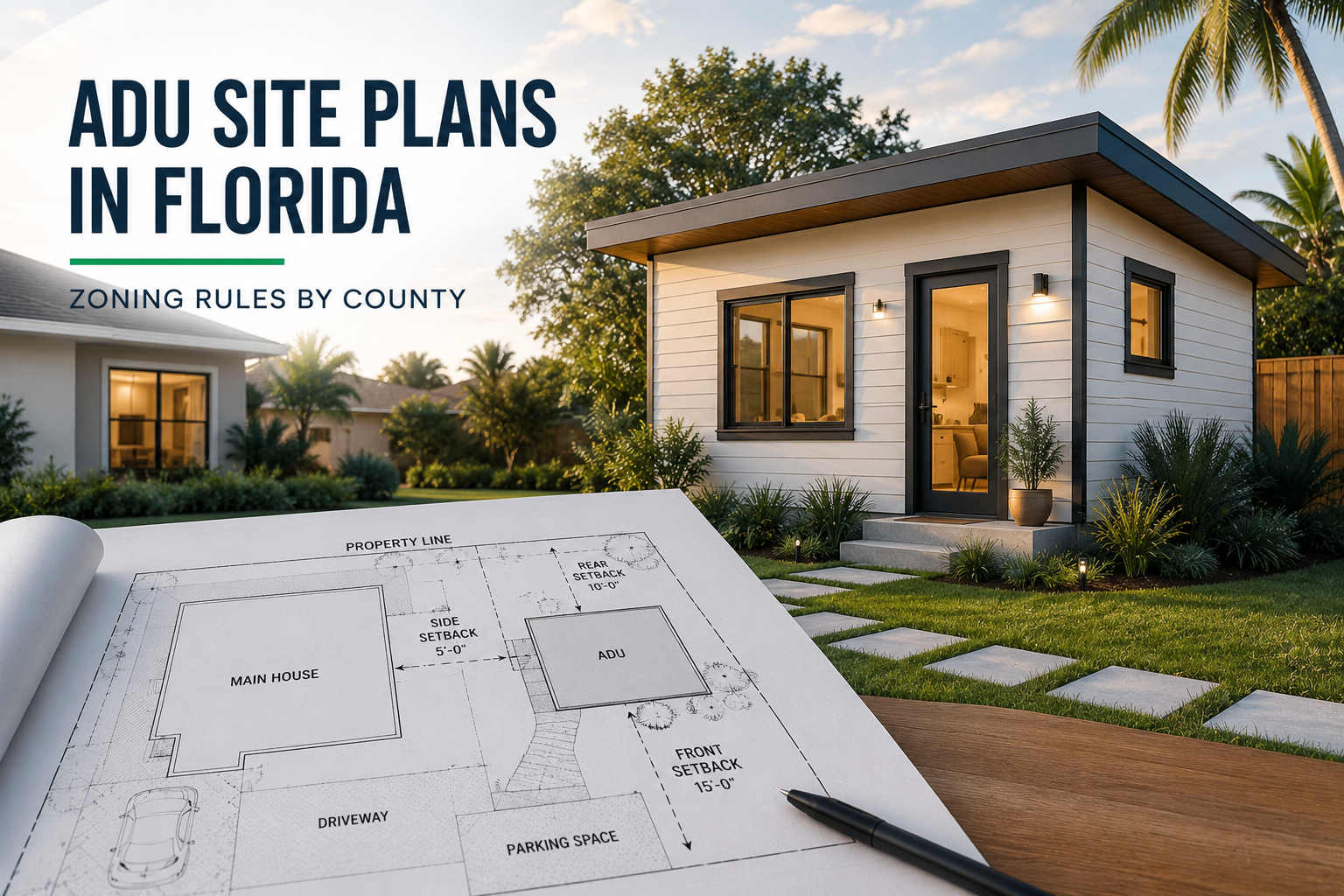 ADU site plan Florida showing a residential property with a proposed accessory dwelling unit, property lines, setbacks, driveway, and existing home.