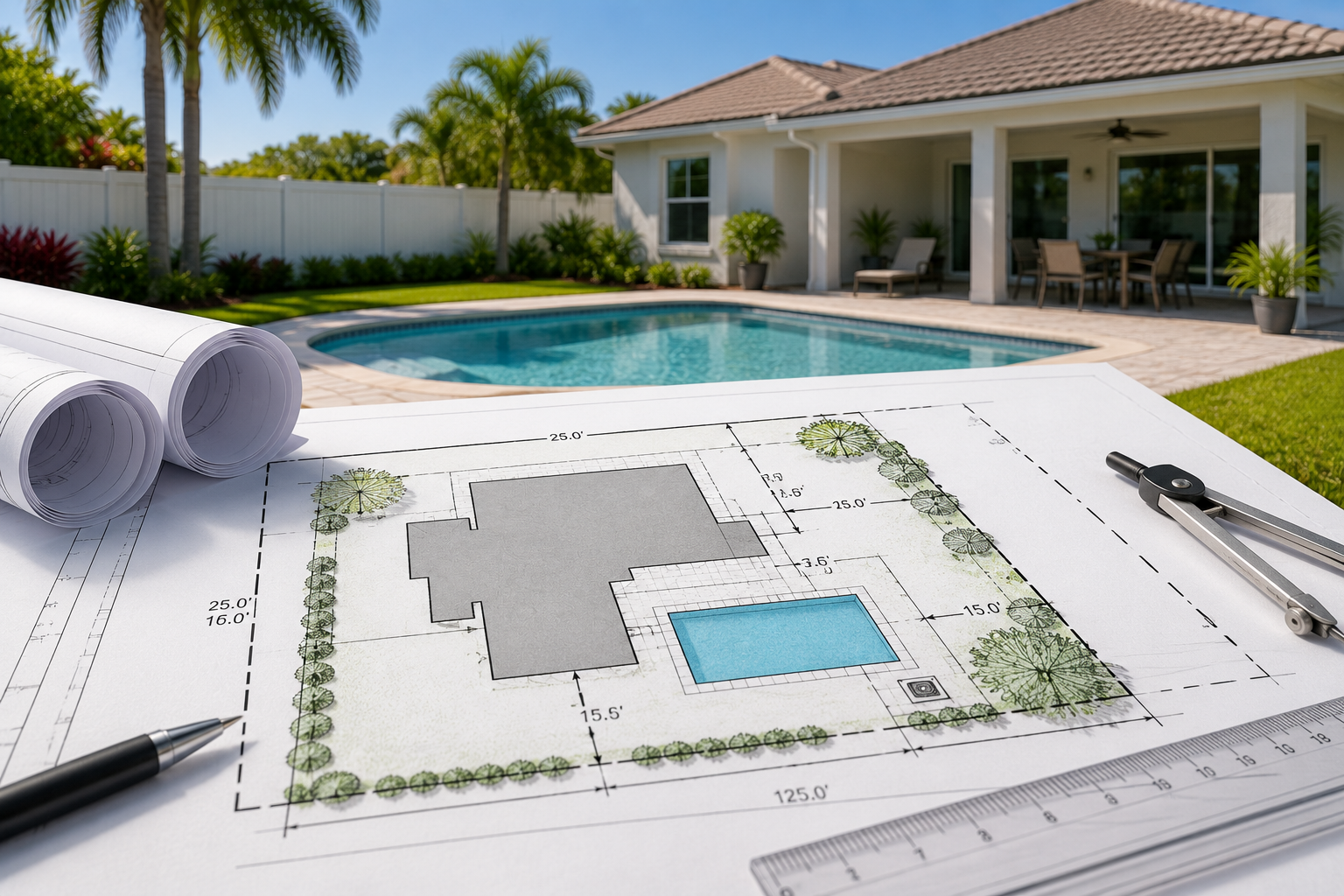 Pool permit site plan Florida showing a residential property with a proposed swimming pool, property lines, setbacks, and equipment layout.