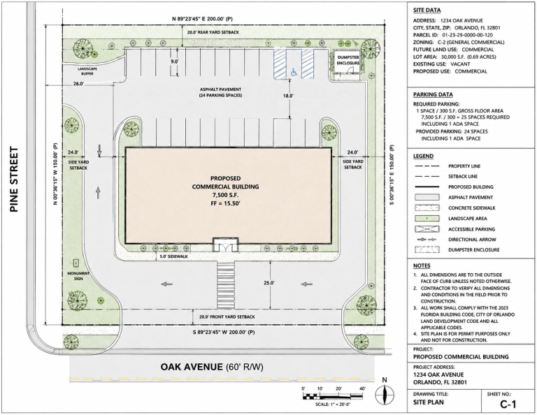 Florida commercial site plan with property layout, parking, access and proposed improvements