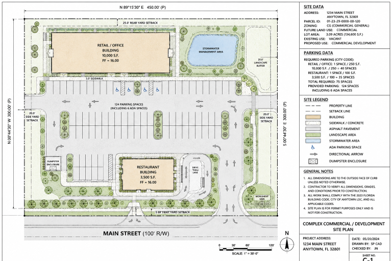 Complex Florida commercial development site plan showing buildings, parking, access and property layout