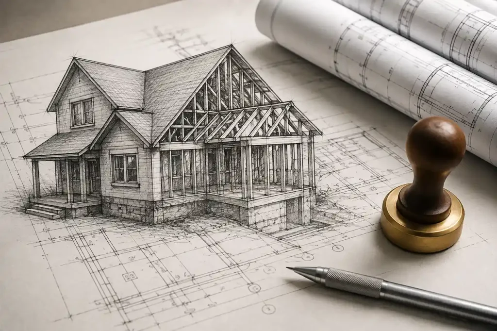 Professional architectural sketch of a house with structural plans, blueprints, engineering drawings, and a professional seal.