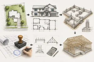 Professional architectural sketch of a house with structural plans, blueprints, engineering drawings, and a professional seal.