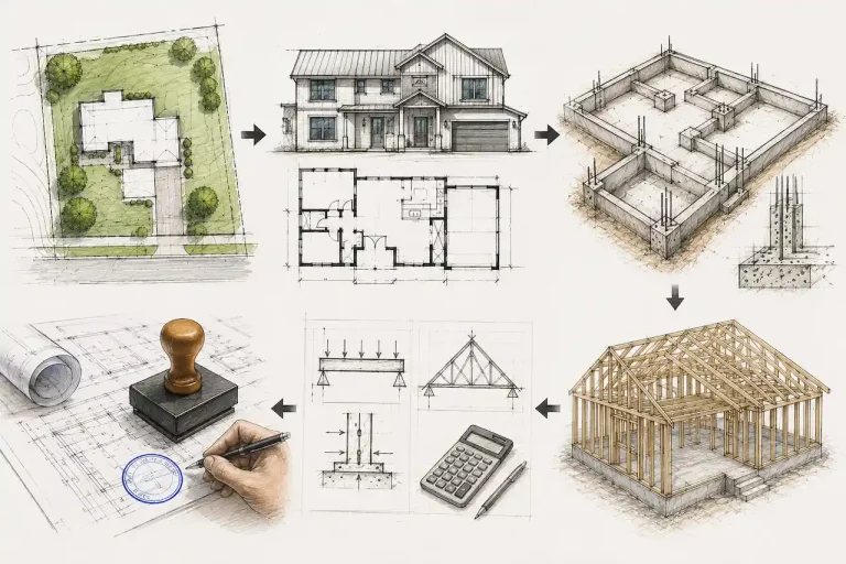Professional architectural sketch of a house with structural plans, blueprints, engineering drawings, and a professional seal.