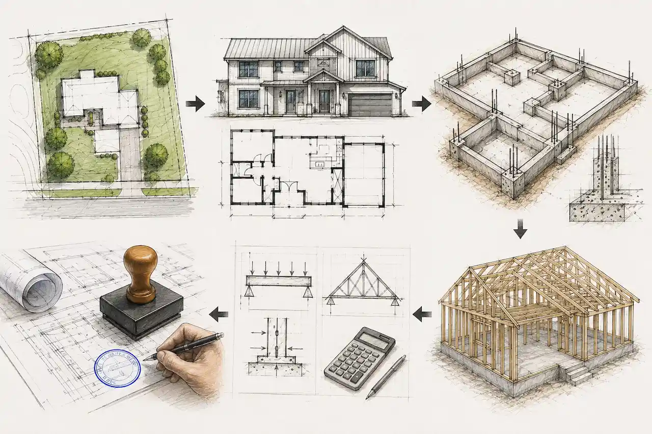 Professional architectural sketch of a house with structural plans, blueprints, engineering drawings, and a professional seal.