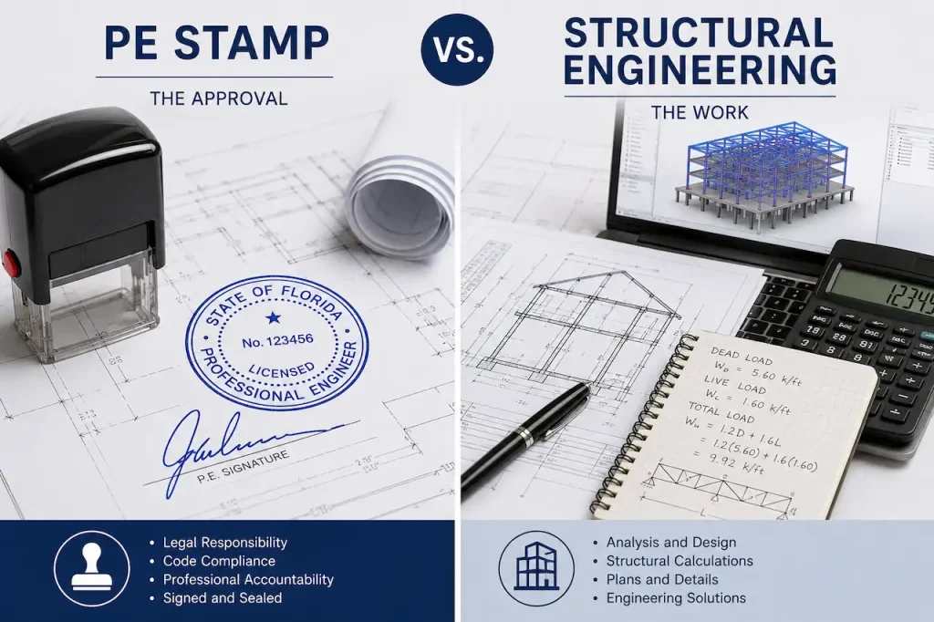 PE stamp and signature on the left compared with structural engineering plans, calculations, and design work on the right.