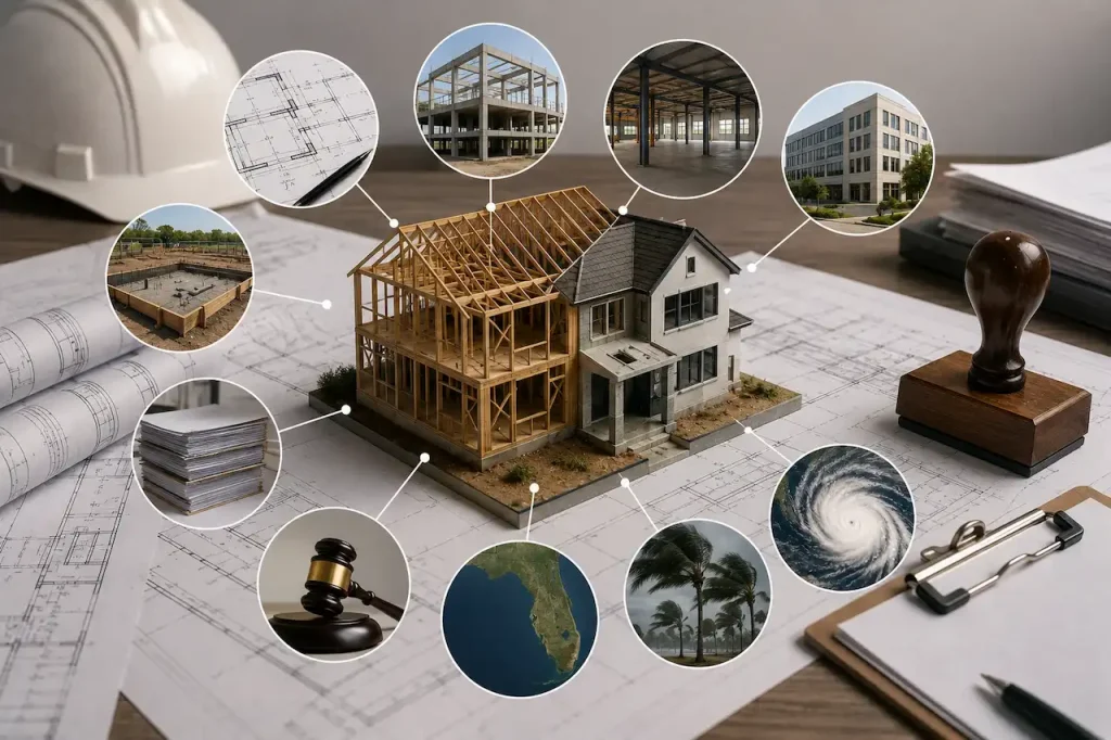 Florida construction project with structural plans, foundation, framing, permit documents, building types, and hurricane wind considerations.