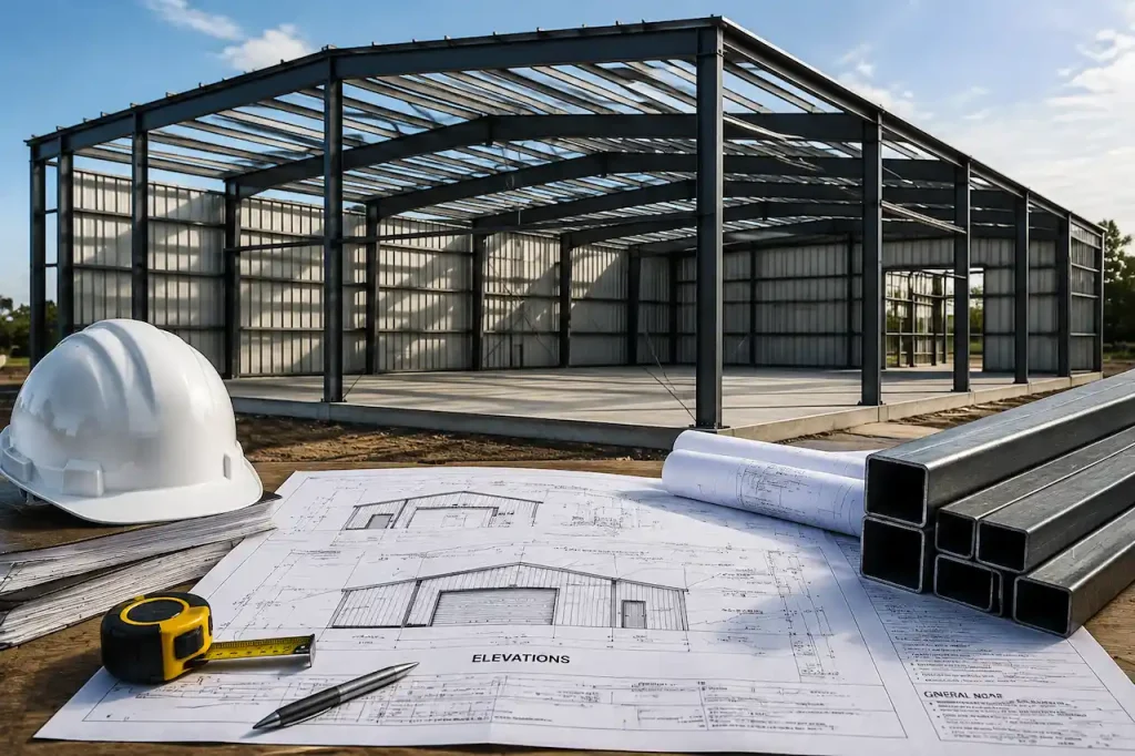 Metal building permit planning with steel structure, construction blueprints, foundation plans, and structural coordination documents