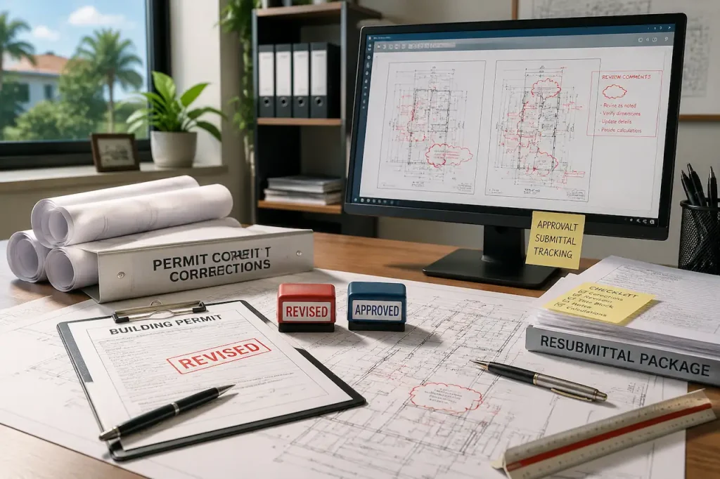 Permit correction and resubmittal support with revised building drawings, review comments, and permit documents