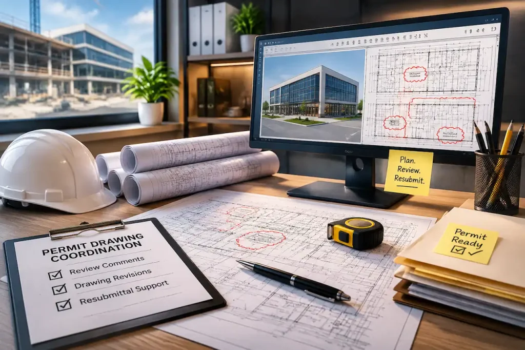 Design and engineering partner workspace with architectural drawings, permit coordination plans, CAD review, and construction documentation