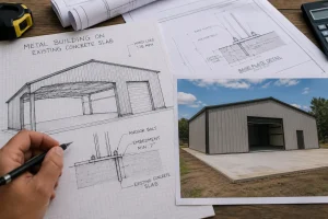 Hand-drawn metal building over an existing concrete slab with anchor details beside a real steel building photo.