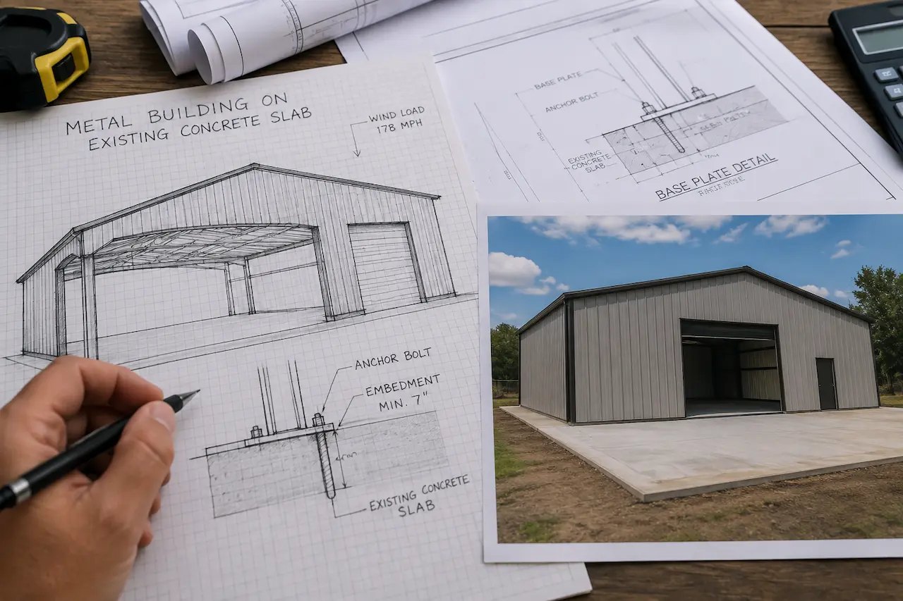 Hand-drawn metal building over an existing concrete slab with anchor details beside a real steel building photo.