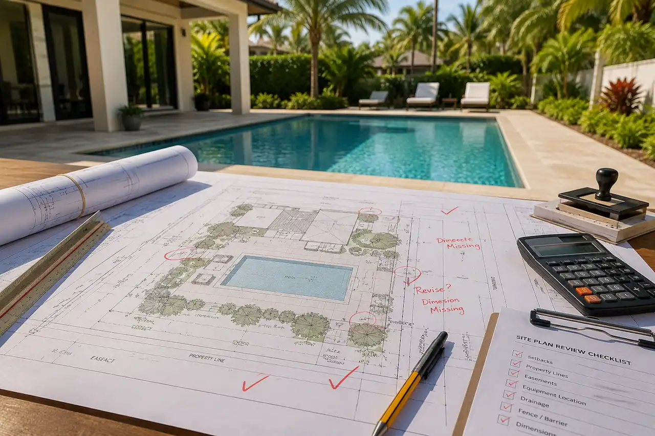 Florida pool permit site plan review with marked corrections, checklist, and backyard pool setting.